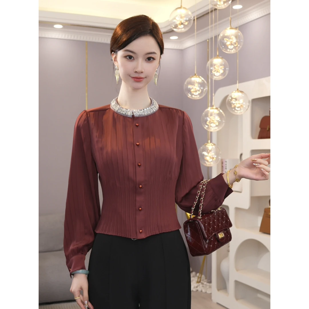 唐熹预售2025年春秋新款【6882】高级感缎面红色气质百搭衬衫上衣女