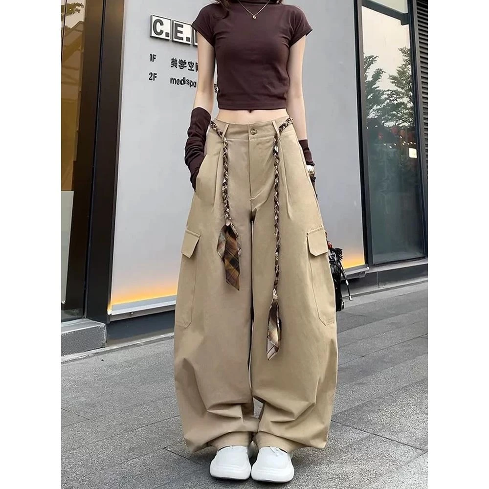 美式卡其色弯刀裤休闲裤女2025年夏季抽绳系带美式高腰女款弯刀裤