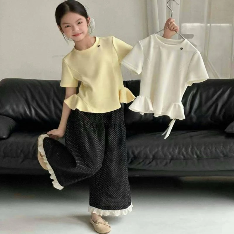 女童短袖T恤2025夏季新款儿童洋气百搭荷叶边上衣中大童半袖潮