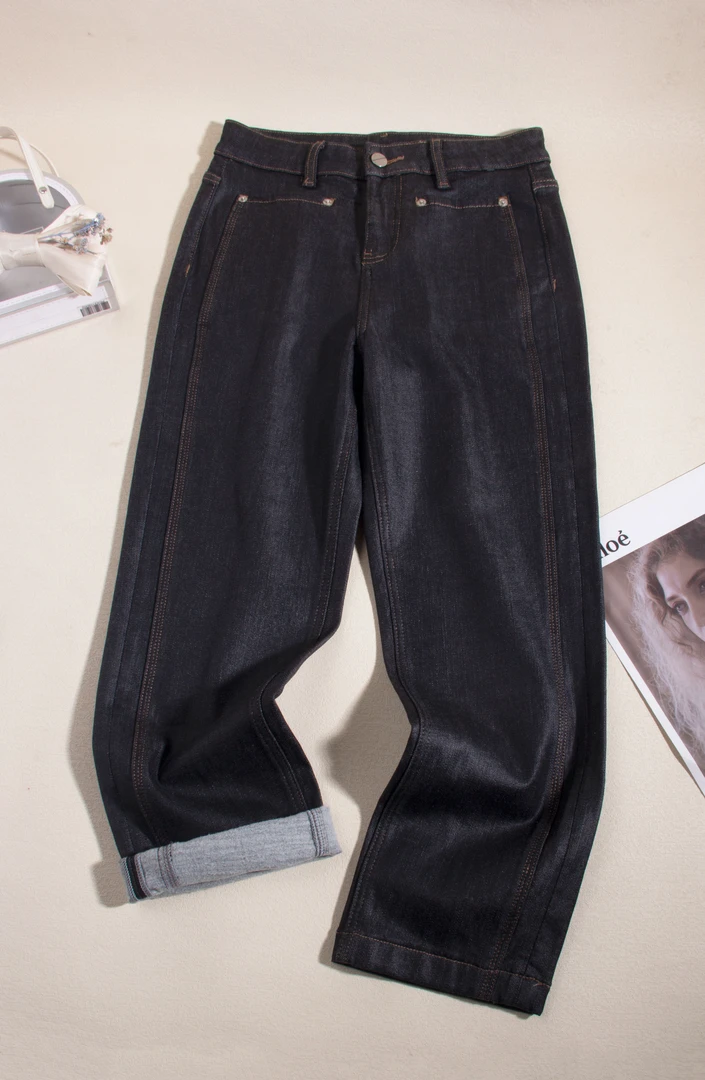 66410-加绒亮黑小个子九分直筒修身显瘦款牛仔裤