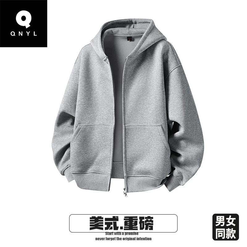 白花灰连帽夹克男款秋季美式重磅开衫情侣卫衣潮牌复古百搭外套