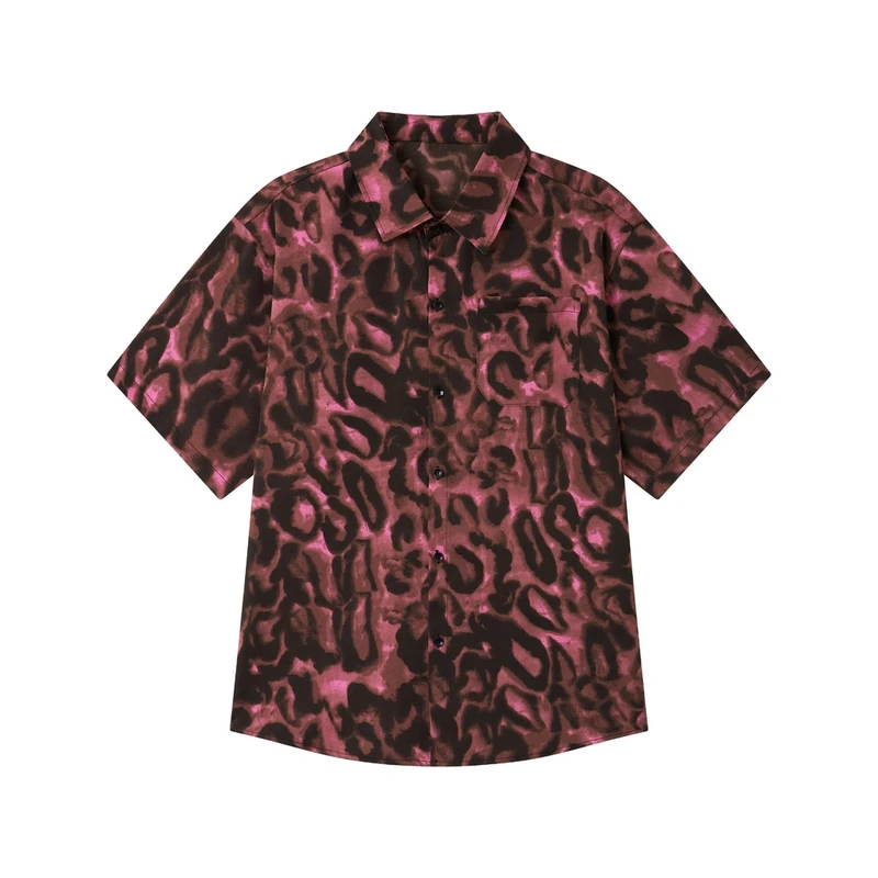 夏季美式豹纹花衬衫沙滩休闲五分袖复古宽松衬衫印花设计感短袖男