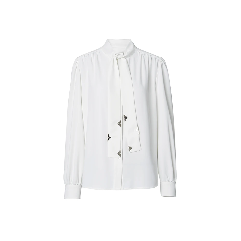 25S新款白色衬衫金属元素丝滑抗皱飘带领衬衫32987