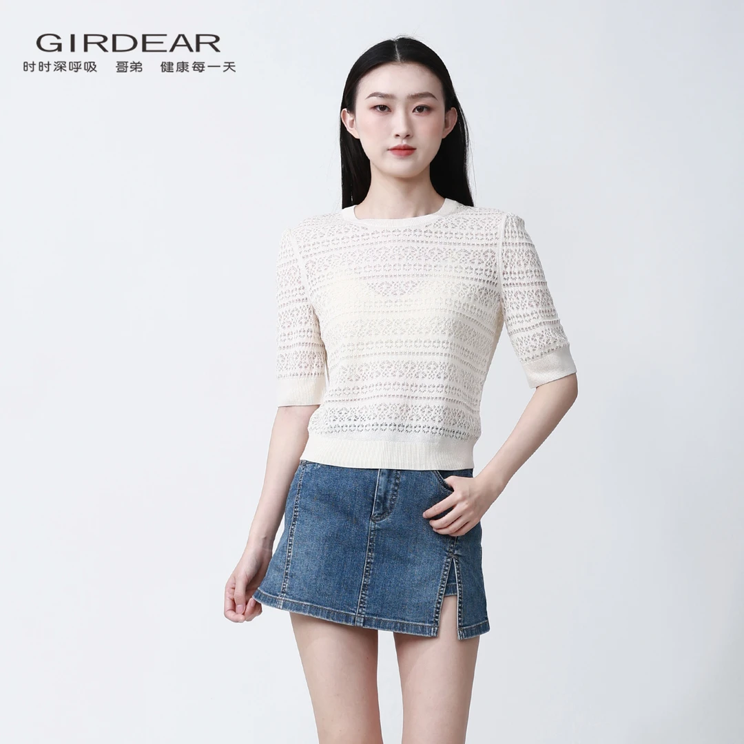 GIRDEAR/哥弟新款T恤百搭镂空法式圆领短款上衣知性简约风138020