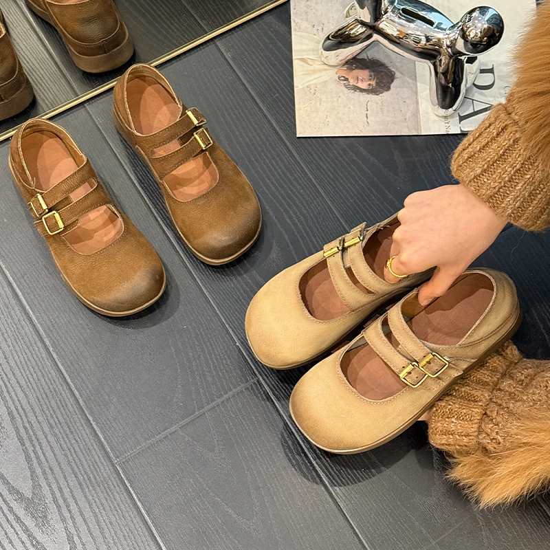 玛丽珍鞋女2025春新款圆头一字带平底单鞋软底复古浅口女鞋xc9166