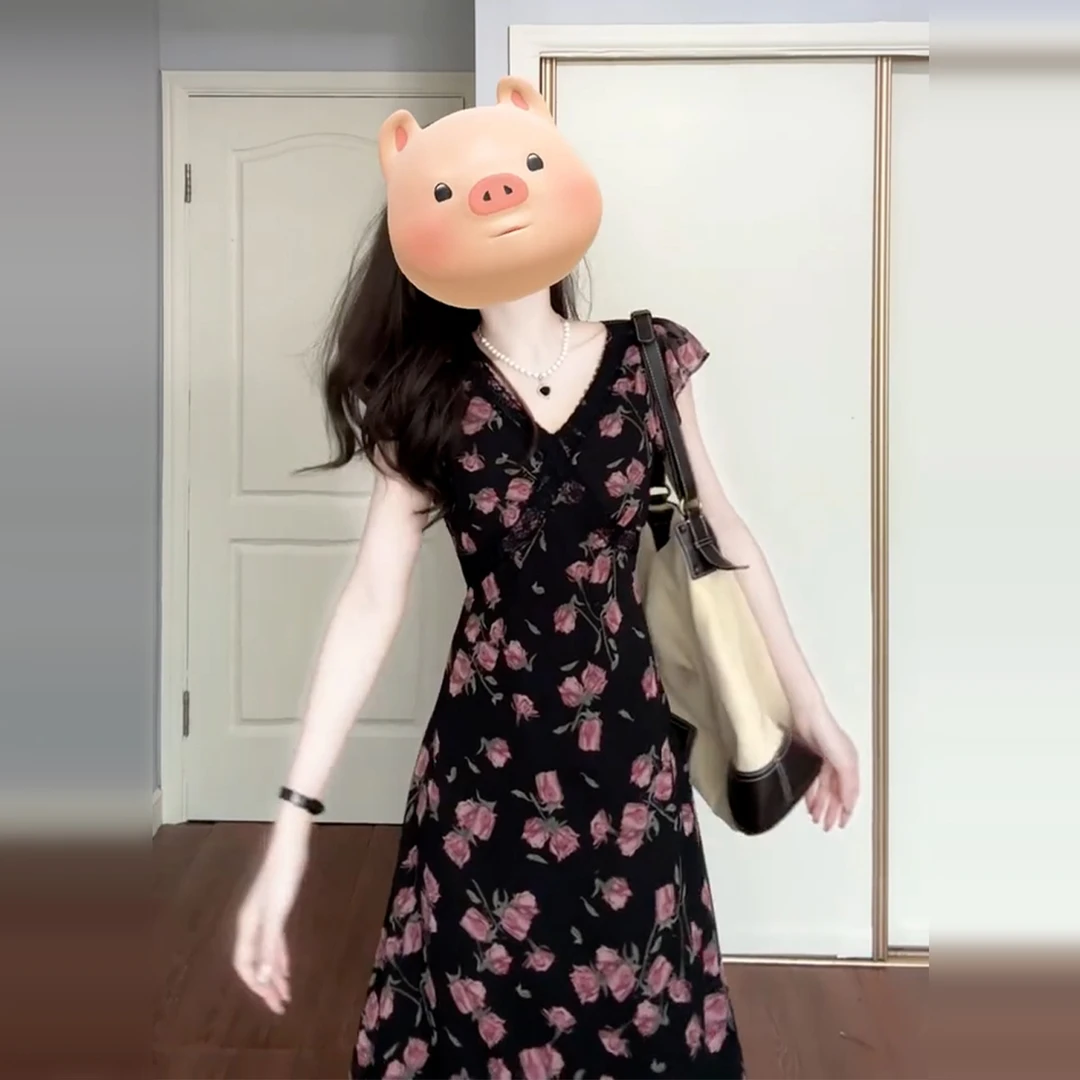 法式时尚设计感优雅气质新款收腰显瘦碎花长裙女装微胖V领连衣裙
