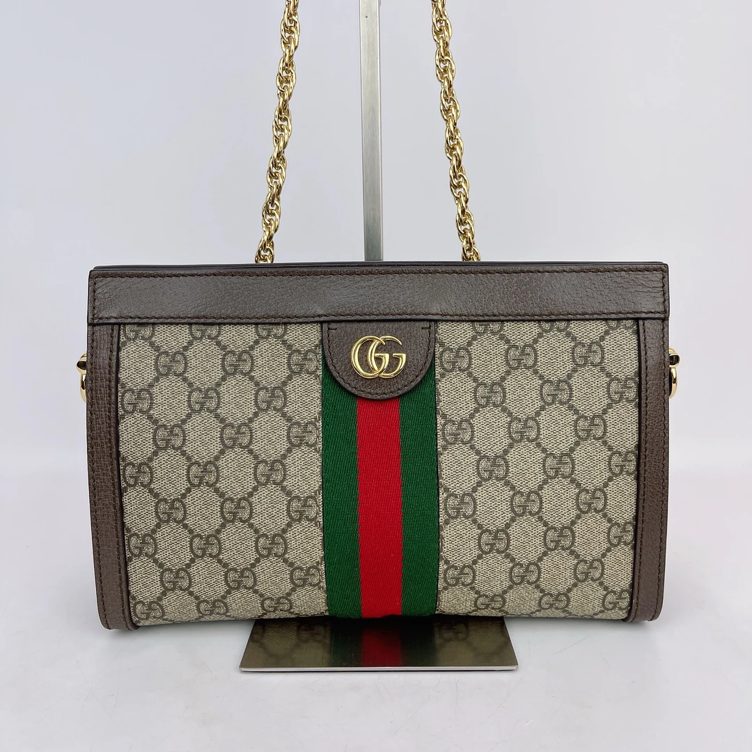 95新 GUCCI/古驰 古驰 棕色老花夹子单肩包底长25 J766