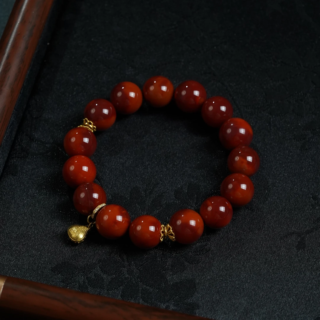 【凤鸣珠宝】馆藏级18K金镶牛血红南红火焰纹手串龙行龘龘国风S-99