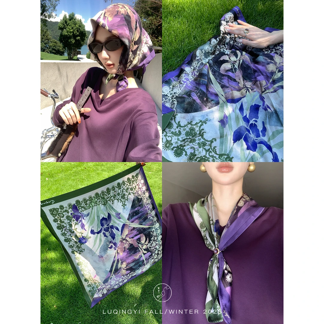 鹭青一【9.22 20:00 新品】100桑蚕丝印花拼接设计感丝巾L25S2231N