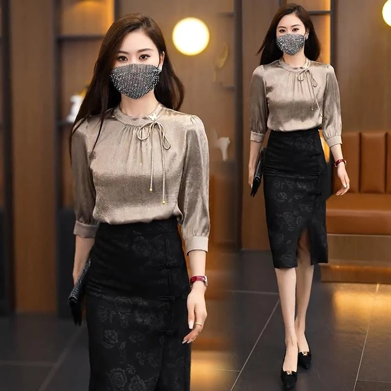 新中式国风时尚套装裙女秋季新款设计感中袖衬衫半身裙气质两件套