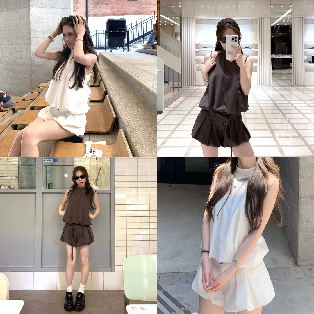 TEEINXX简约无袖挂脖吊带上衣花苞短裤套装NZ308