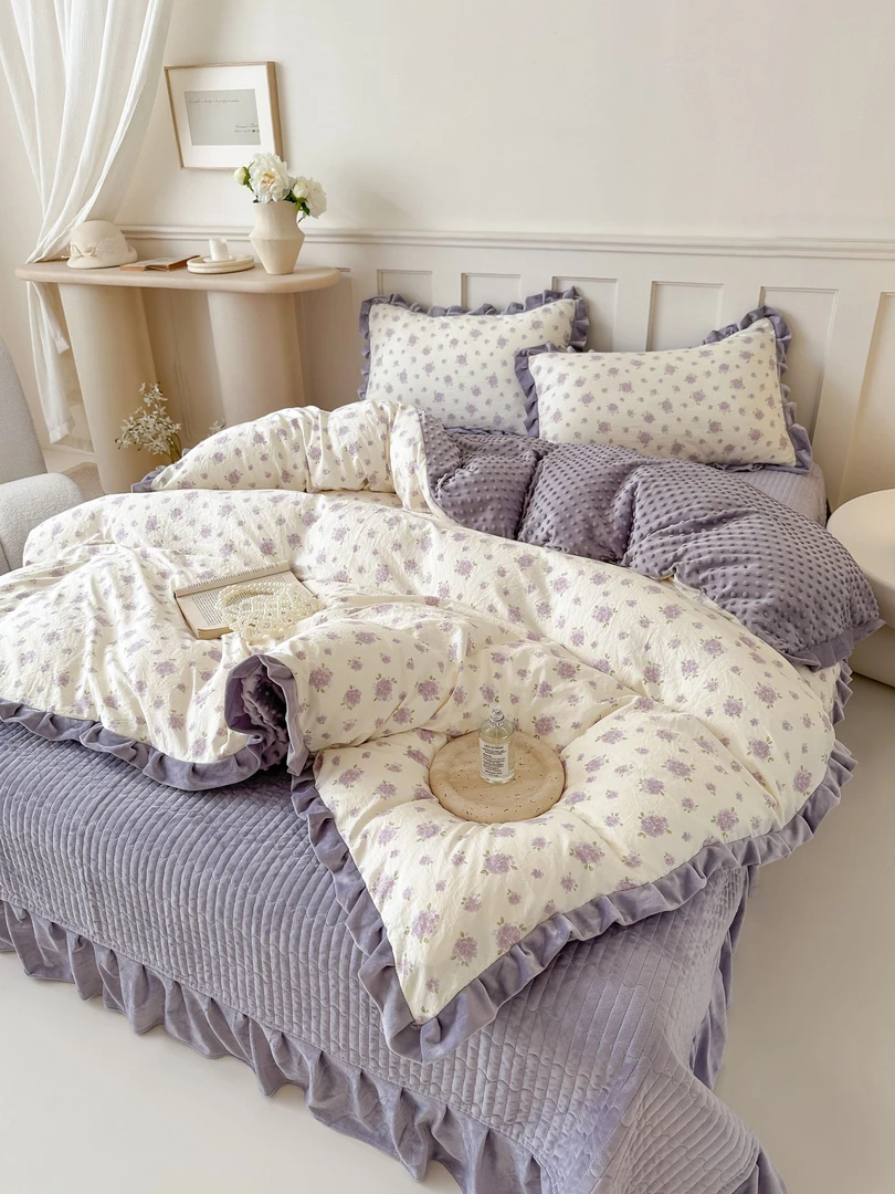 秋冬新款小清新云感棉豆豆绒花边款床盖四件套