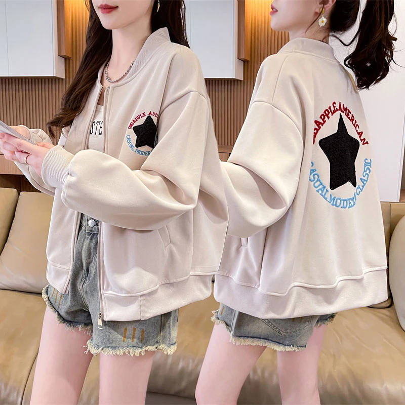 早秋大码女装夹克外套女春秋薄款2025新款宽松小个子刺绣开衫卫衣