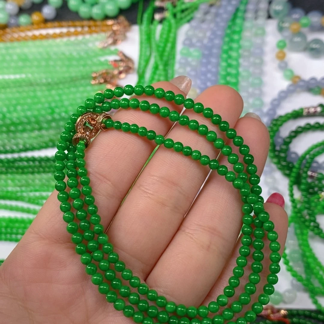 颈饰未镶嵌翡翠缅甸天然翡翠浓阳绿小米珠塔链3.3，3.7