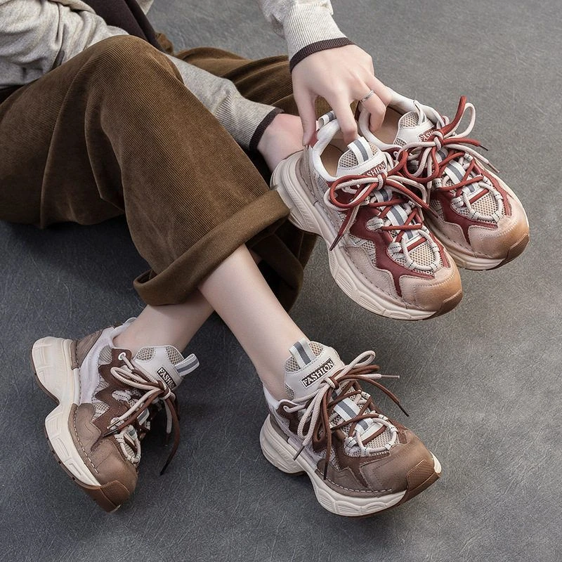 2025春季新款休闲透气网面老爹鞋拼色显脚小单鞋炸街女鞋