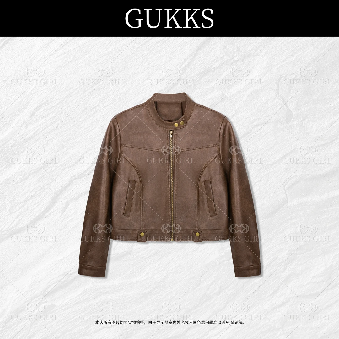 琪琪GUKKS/秋季时尚复古咖色机能风重工拉链皮衣外套