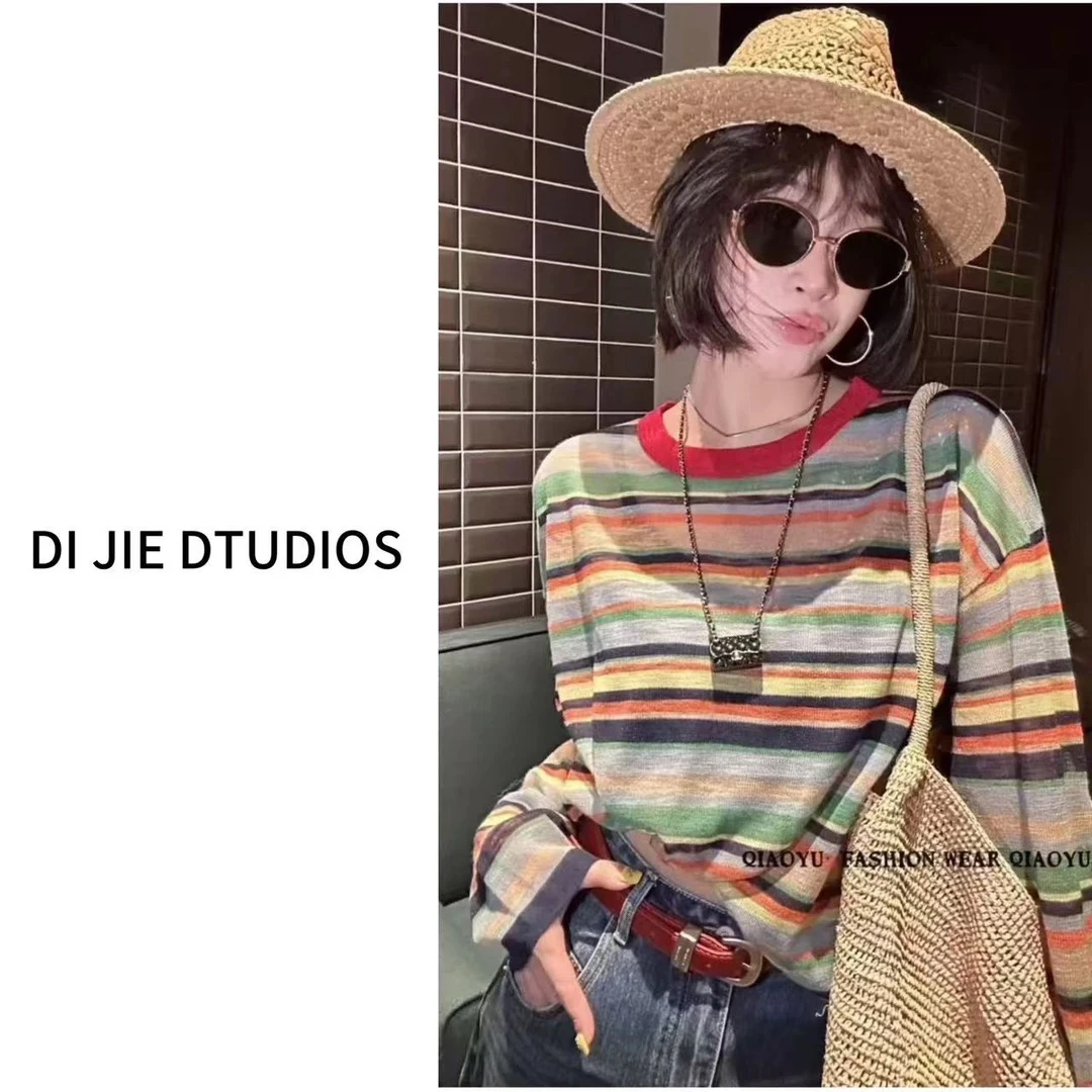DI JIE STUDIOS夏季新款宽松条纹拼接圆领宽松针织防晒罩衫#彩112