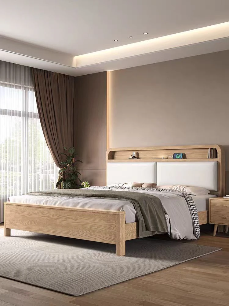 白蜡木全实木软包床原木风1.8米现代简约储物床小夜灯北欧单人床