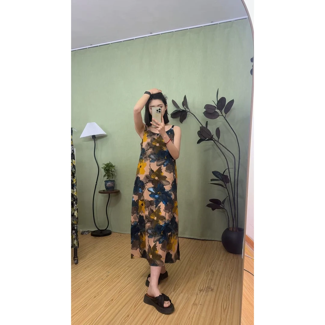 【油画吊带裙】调节肩带开叉女装连衣裙宽松时尚气质显瘦印花夏季