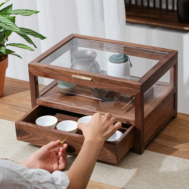 黑胡桃木茶具收纳盒桌面防尘玻璃展示柜文玩手串紫砂壶茶杯收纳柜