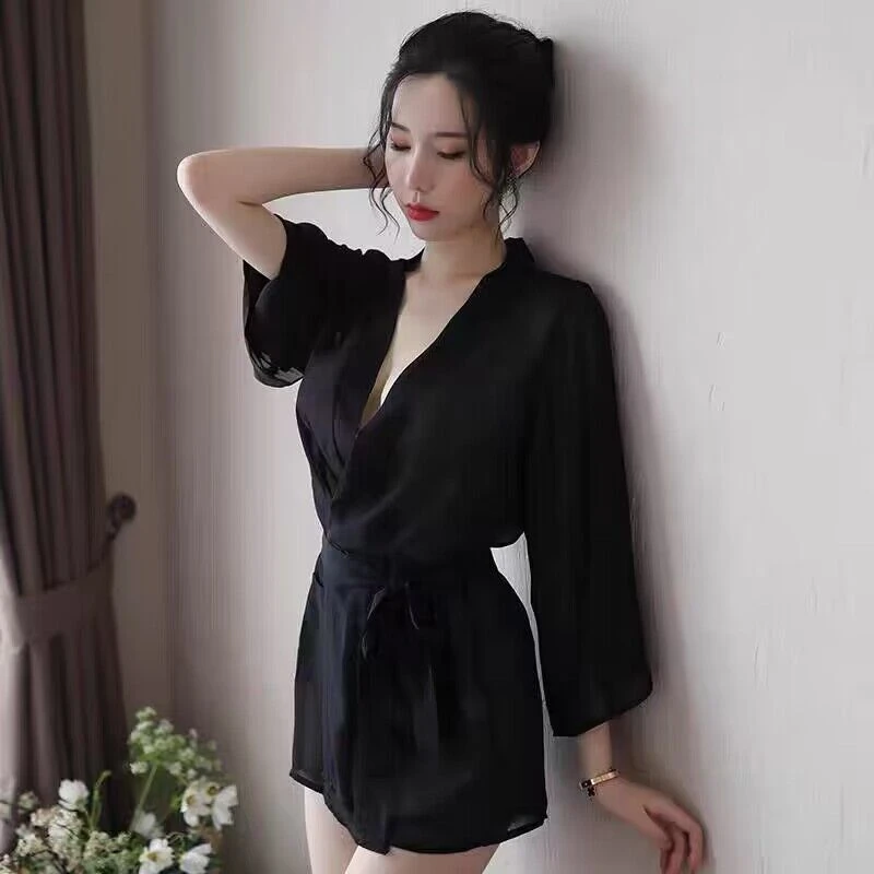 女士性感薄款睡袍微透收腰诱惑睡衣纯色雪纺系带浴袍套装法式晨袍