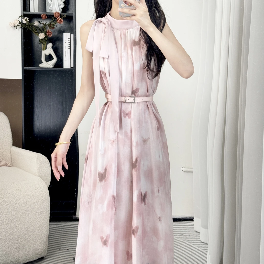拉夏贝尔2025年夏季新款国风显瘦设计师蝴蝶印花连衣裙 10476 JHD