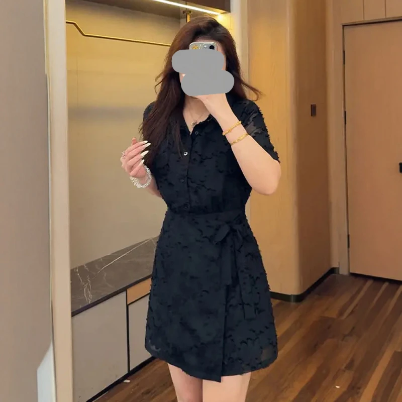 大码女装法式胖mm气质黑色别致连衣裙夏季收腰开叉a字连衣裙女