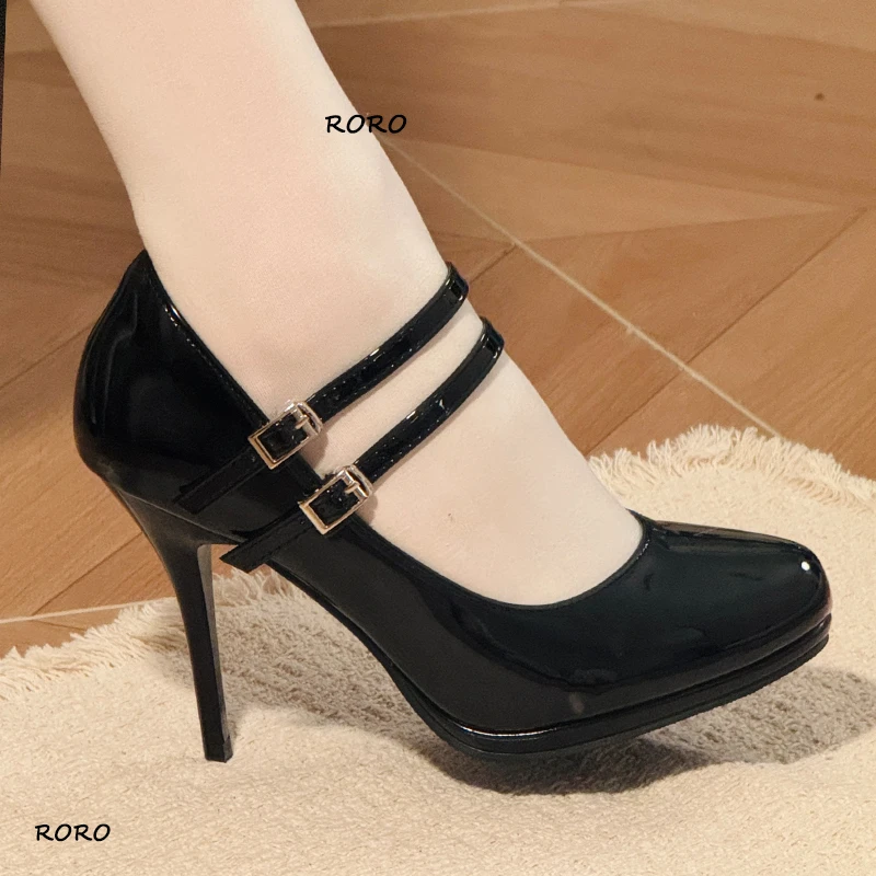 野孩子同款超细跟高跟鞋漆皮复古玛丽珍一字带小个子增高皮鞋女