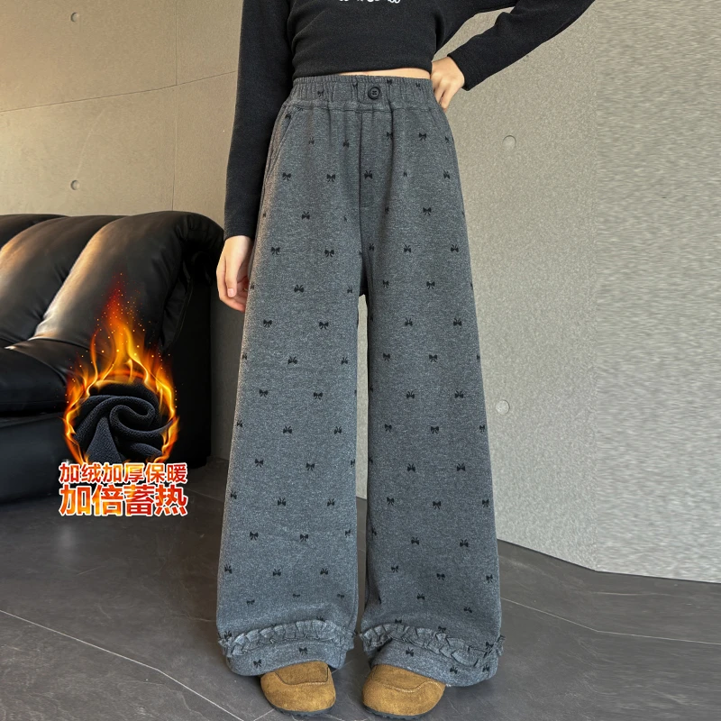 女童加绒裤子秋冬2025新款儿童宽松直筒一体绒大童冬季加厚阔腿裤