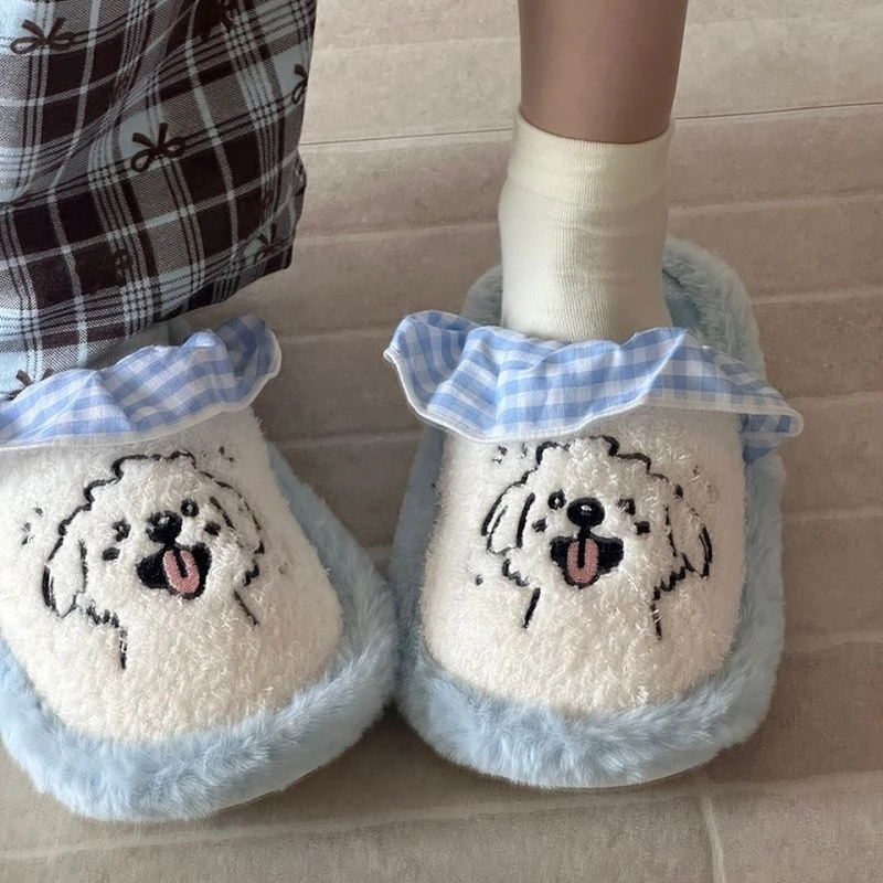 卡通少女可爱小狗毛毛棉拖鞋女室内居家软底防滑保暖包头拖鞋外穿