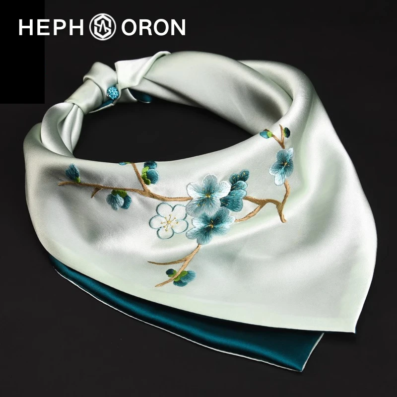 HEPHSORON苏绣丝巾礼盒送妈妈黄色刺绣薄款披肩桑蚕丝真丝围巾