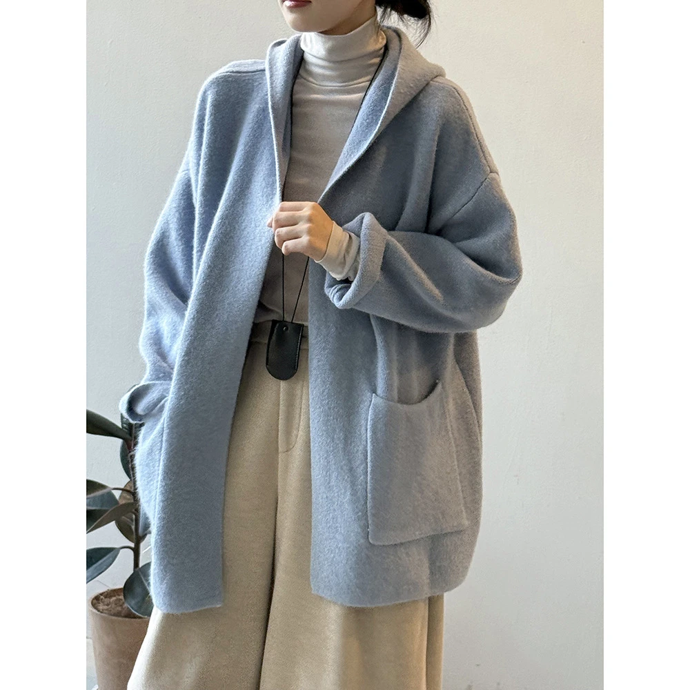 法式纯色连帽慵懒风毛衣外套女秋冬气质宽松高级感外穿针织开衫