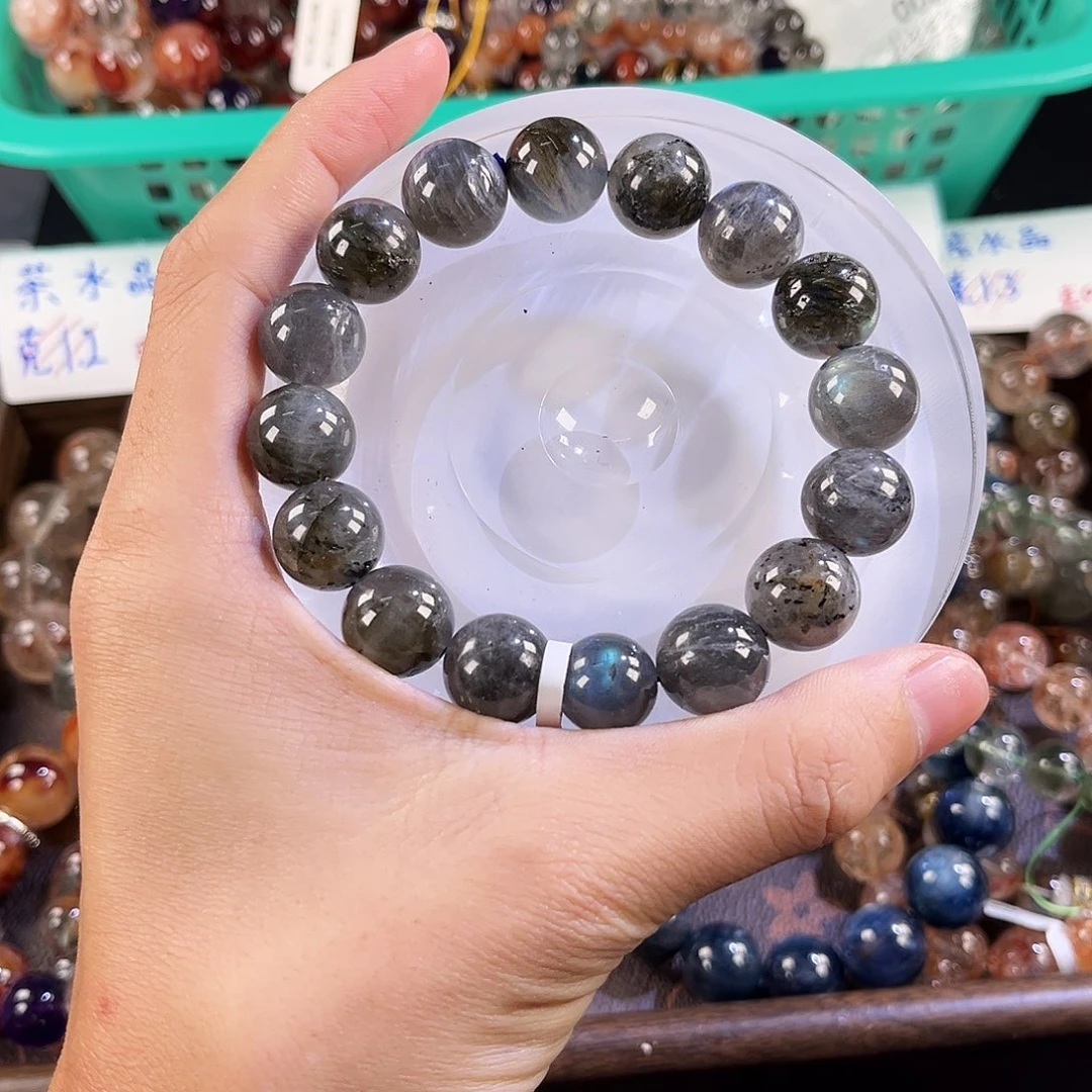 烟晶银S925镶嵌手链灰月光福利14mm