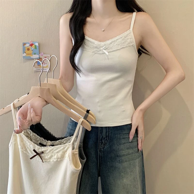 胖颖专属大码春季新款设计感蕾丝拼接蝴蝶结吊带背心上衣3077