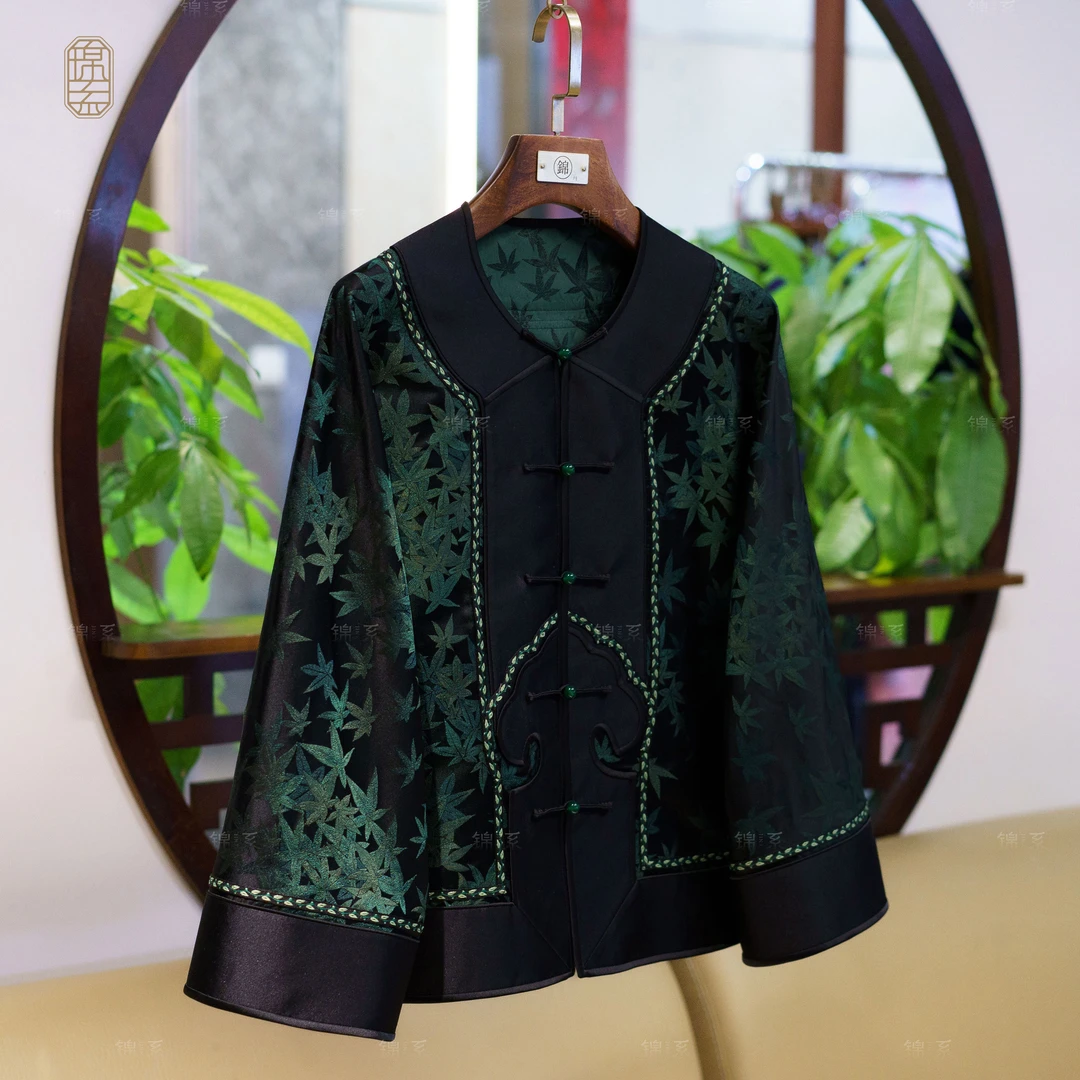 【锦系~新款】真丝提花新中式国风桑蚕丝袖口撞色圆领外套E-382591