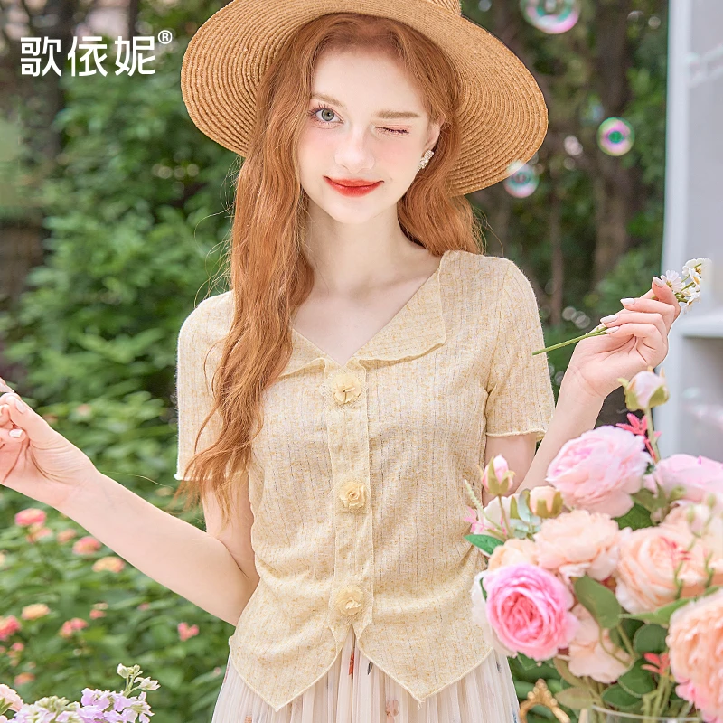 夏季新款女甜美黄色轻薄设计感小个子休闲收腰显瘦短袖T恤衫上衣