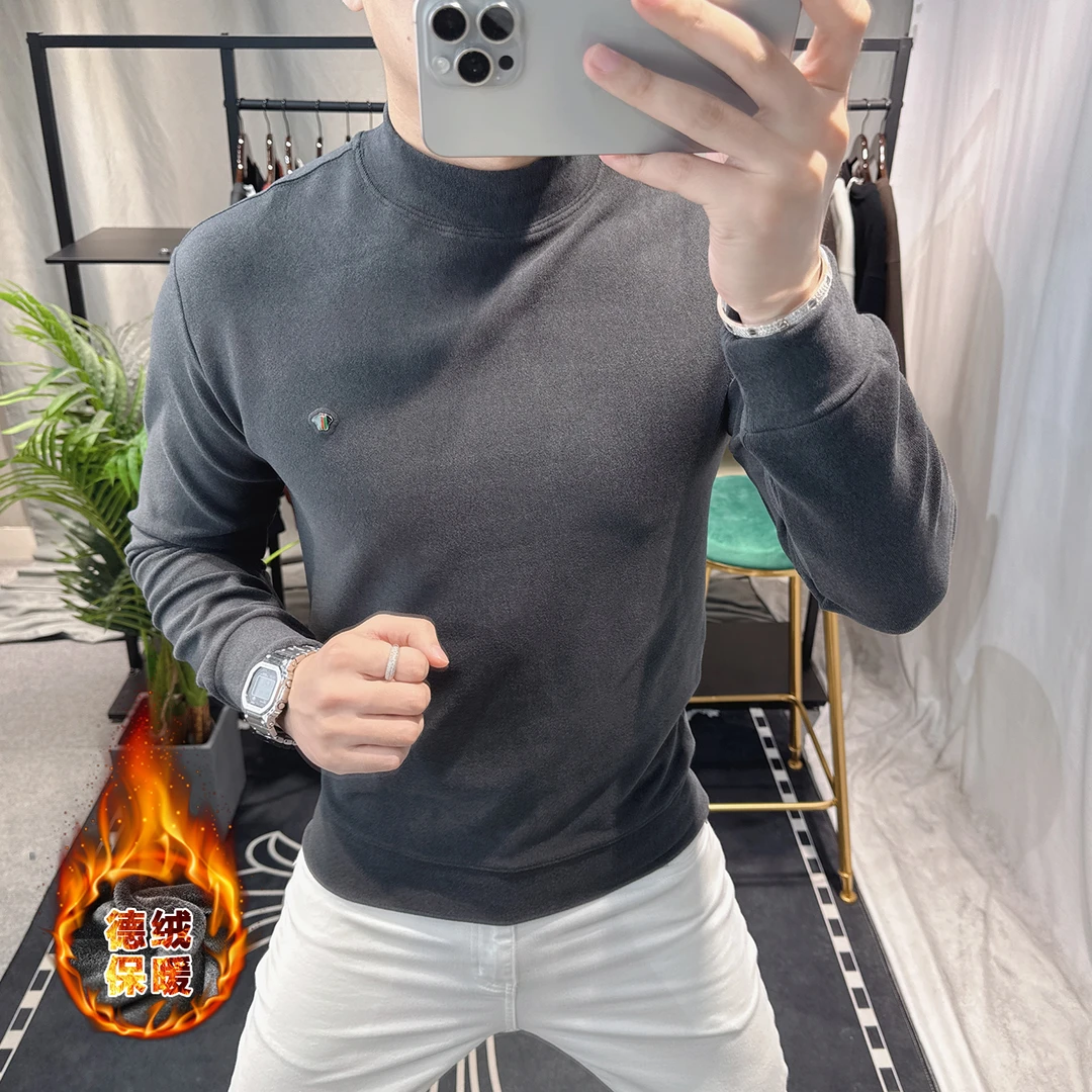 欧洲站半高领德绒长袖t恤男2025新款双面绒打底衫灰色高级感内搭