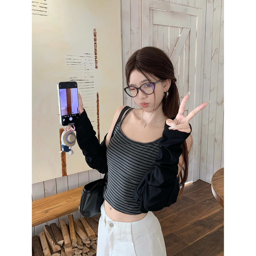 美式辣妹条纹吊带背心女春秋季新款纯欲风修身显瘦长袖开衫两件套