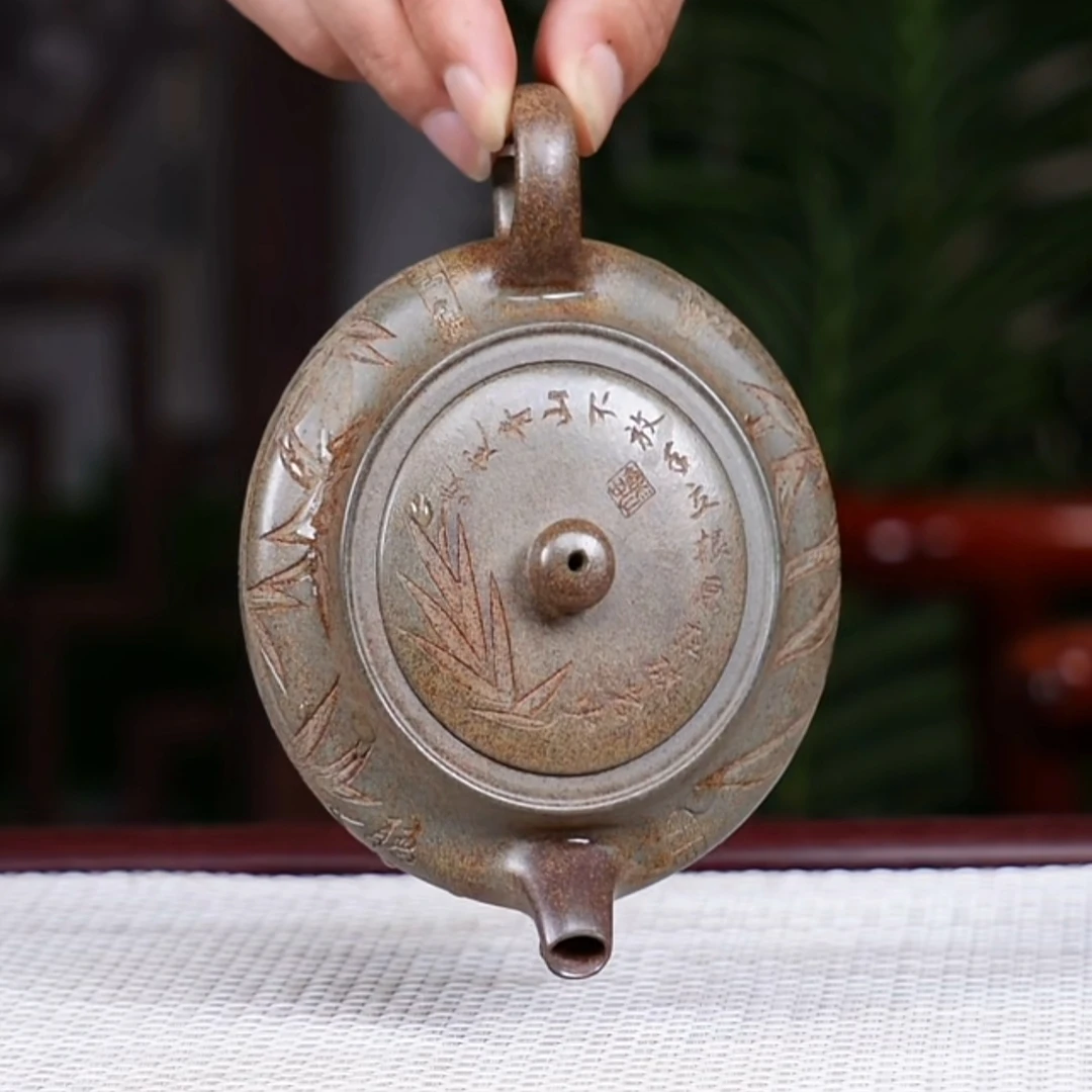 宜兴原矿紫砂 手工茶壶 柴烧  精雕细刻 桑盘 1802 220CC