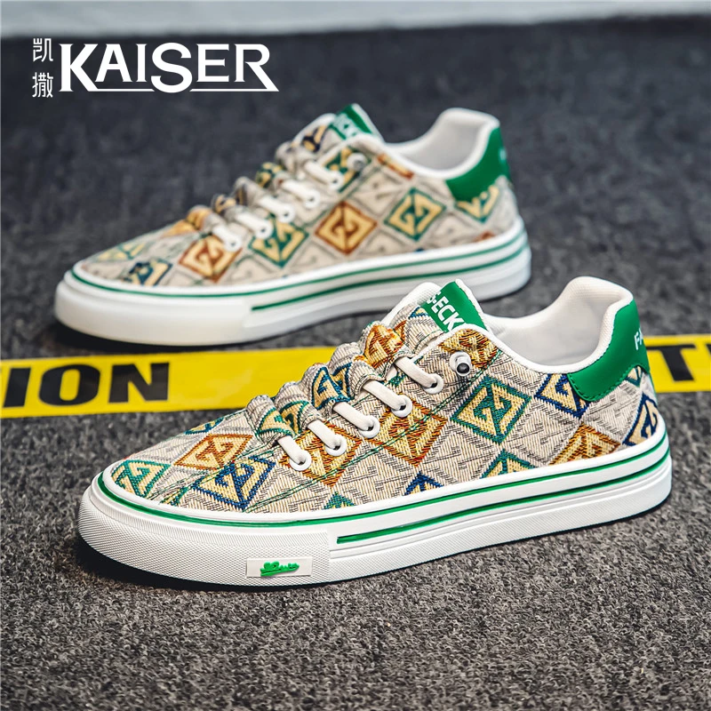 凯撒一脚蹬男鞋秋季透气低帮休闲百搭帆布鞋男士防滑耐磨百搭板鞋