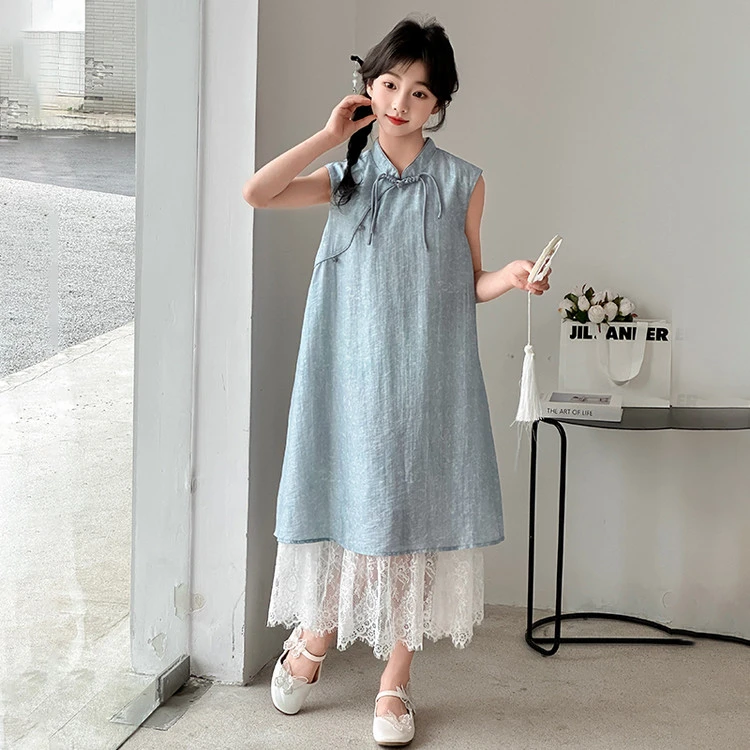 女童国风旗袍夏季新款衣服穿搭新中式女孩中大童无袖公主风连衣裙