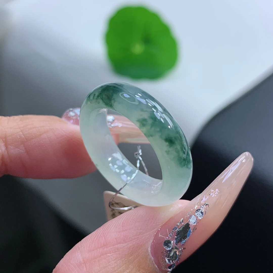 14号 缅甸天然A货 冰种飘蓝花翡翠戒指戒圈内径16.9-5.8-3.7mm A1