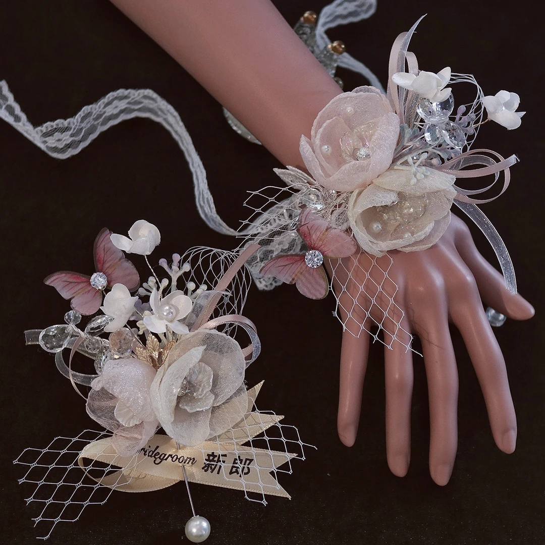 唯美淡粉色伴娘手腕花新娘婚礼姐妹团手花高级感新郎胸花结婚饰品