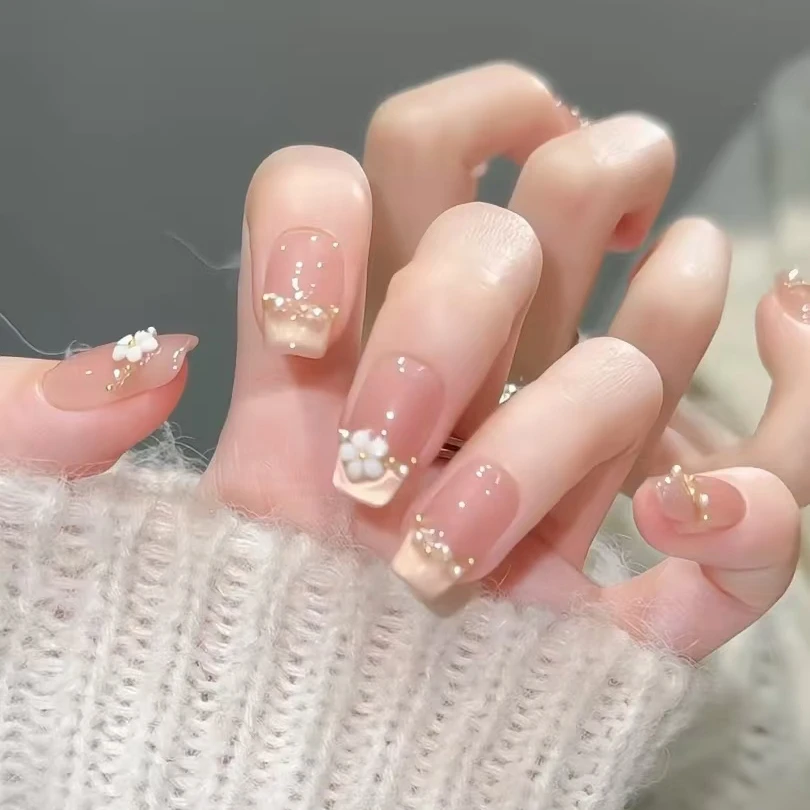 【七里香】纯手工穿戴甲 法式猫眼拼钻立体小花款 百搭温柔美甲