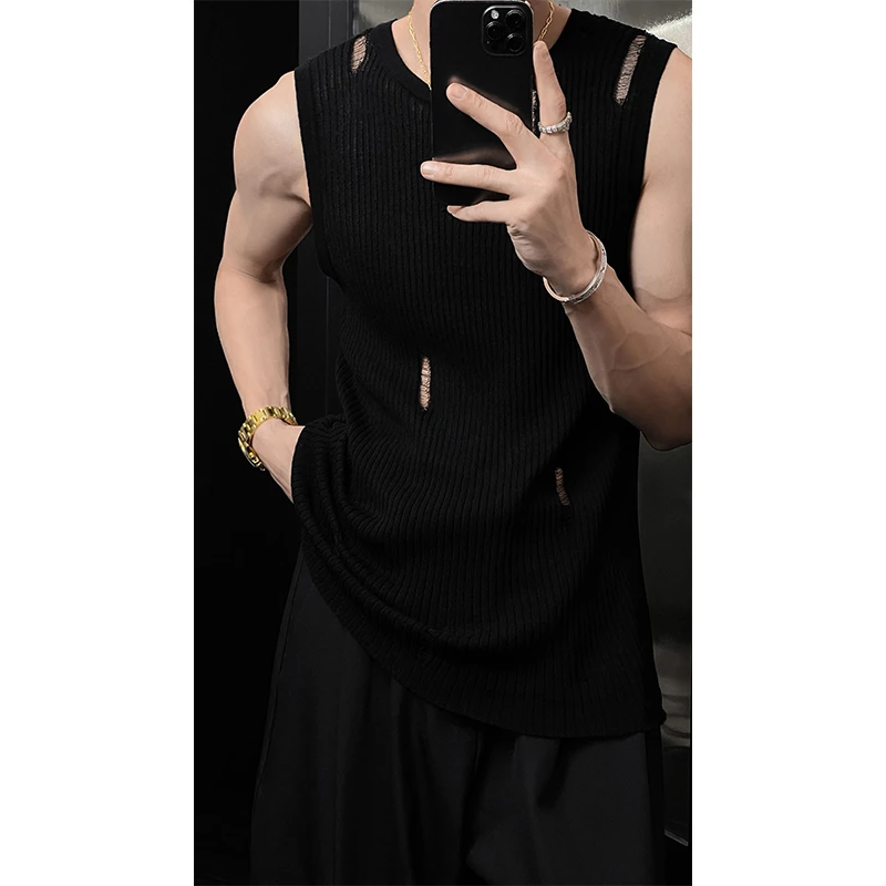 夏季新款潮流镂空破洞针织背心宽松设计感休闲百搭无袖上衣