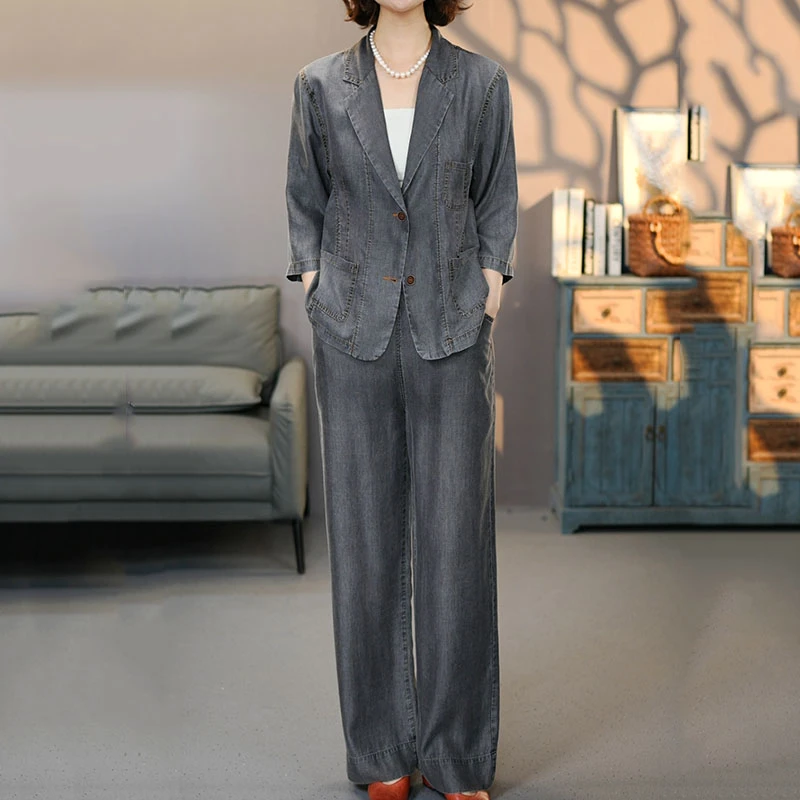 8821-6842套装2025夏季新款天丝外套西装裤子百搭上衣长裤