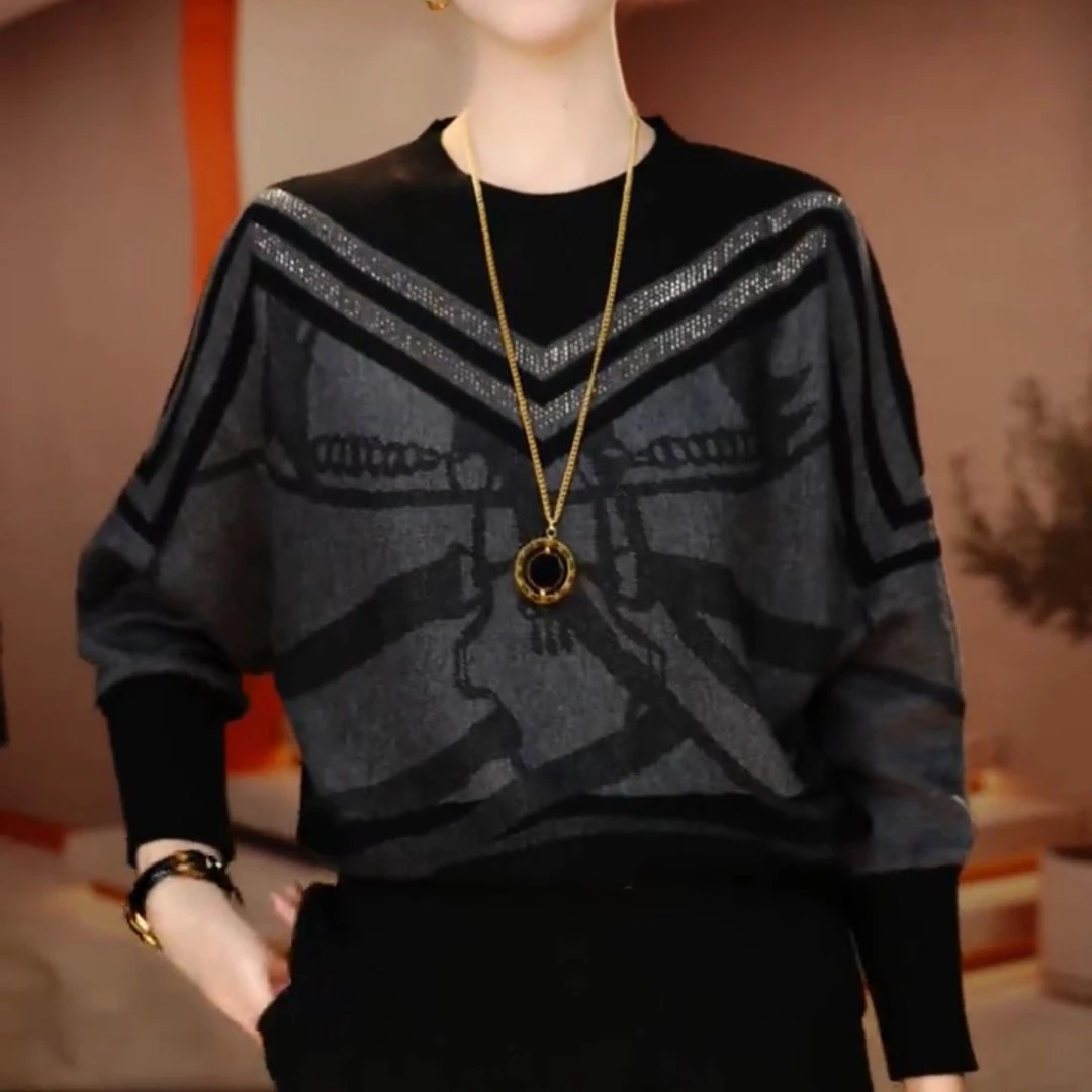 大码宽松显瘦妈妈针织衫2025秋冬新款时尚圆领休闲减龄女士打底衫