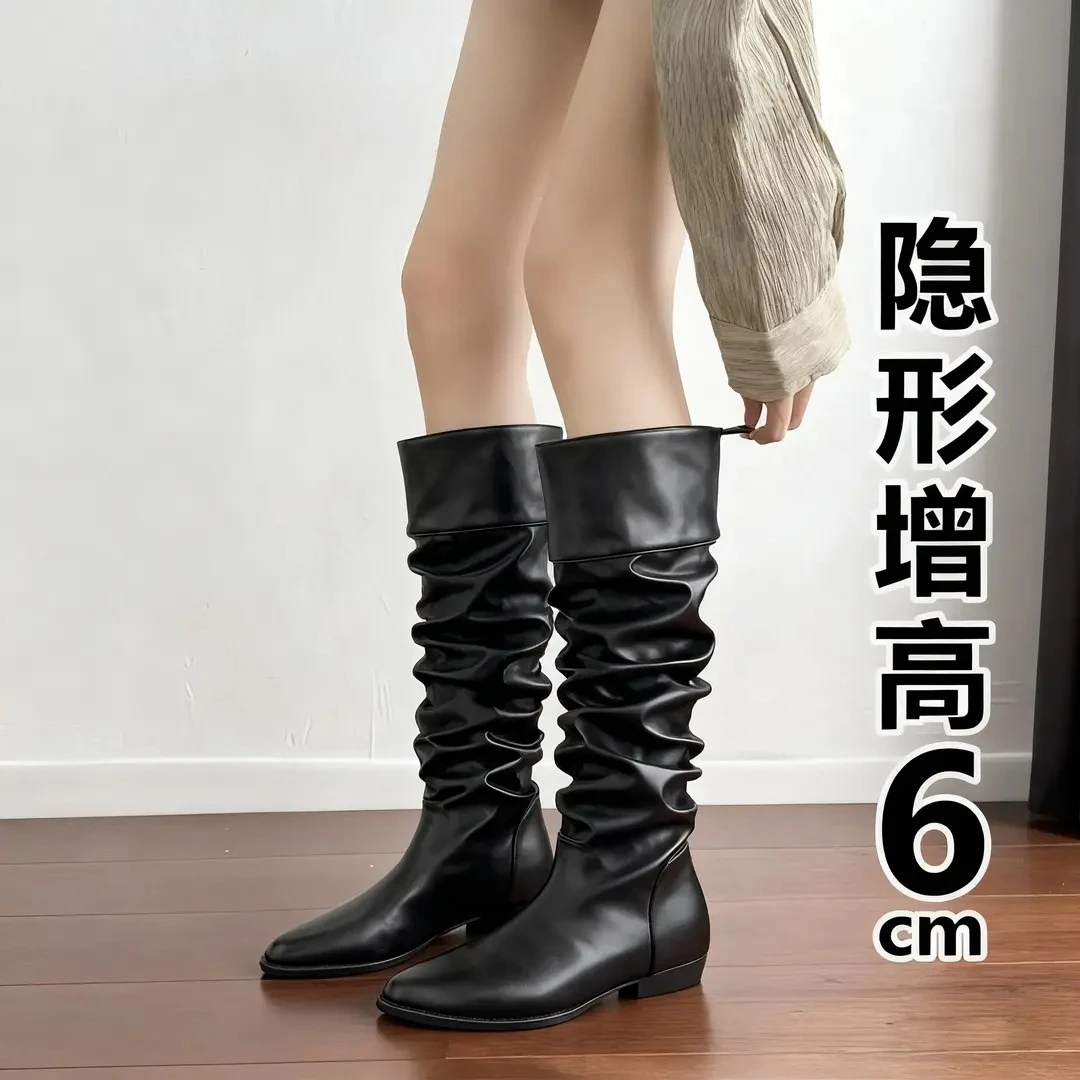 6cm增高褶皱堆堆靴不过膝靴子女2025秋冬新款高筒靴骑士靴长筒靴