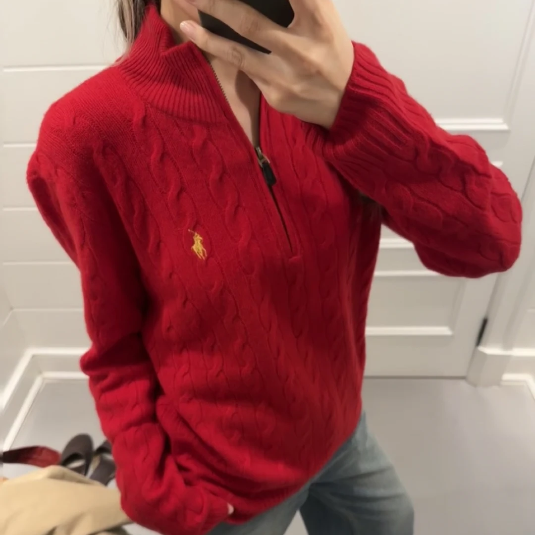 拉夫家经典小马刺绣针织半拉链立领休闲简约百搭毛衣男女同款