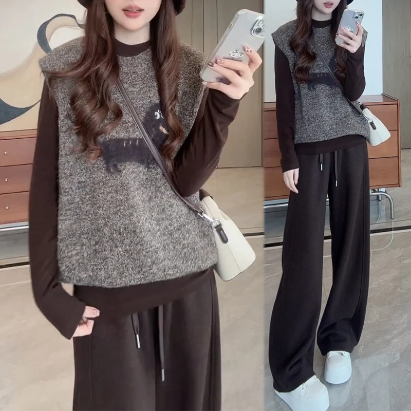 秋冬新款设计感长袖T恤叠穿针织马甲网红气质垂感休闲裤三件套女